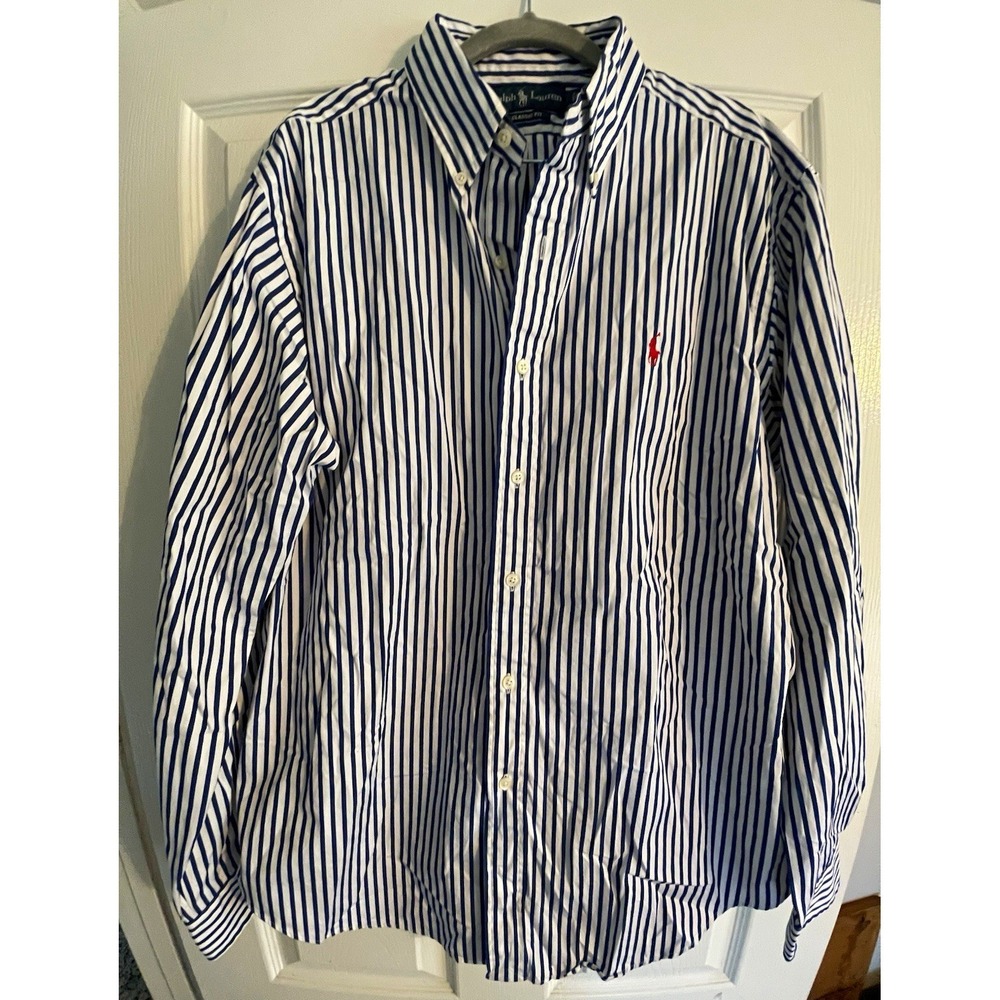 Ralph Lauren Classic Fit Blue White Striped Button Up Shirt L Polo Pony Mens